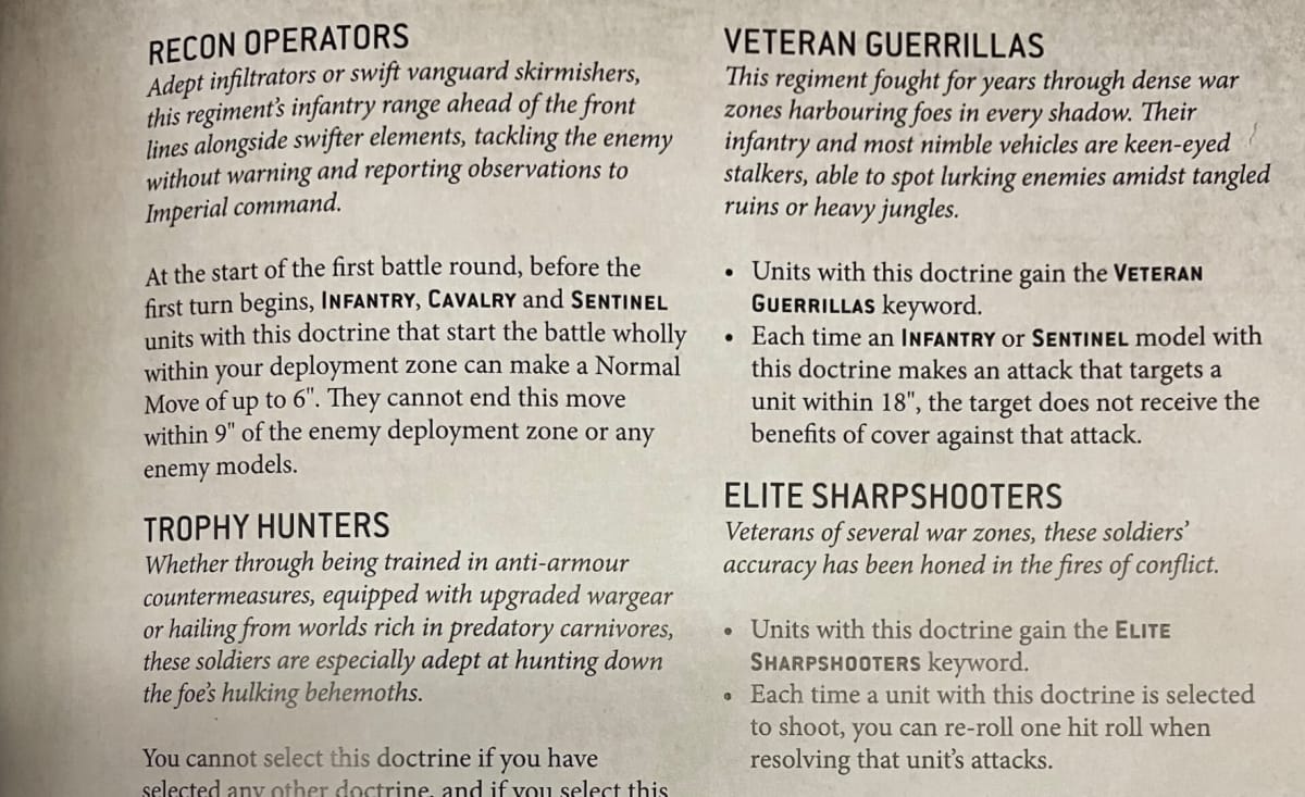 An image featuring a number of Regimental Doctrines from the Warhammer 40K Astra Militarum Codex