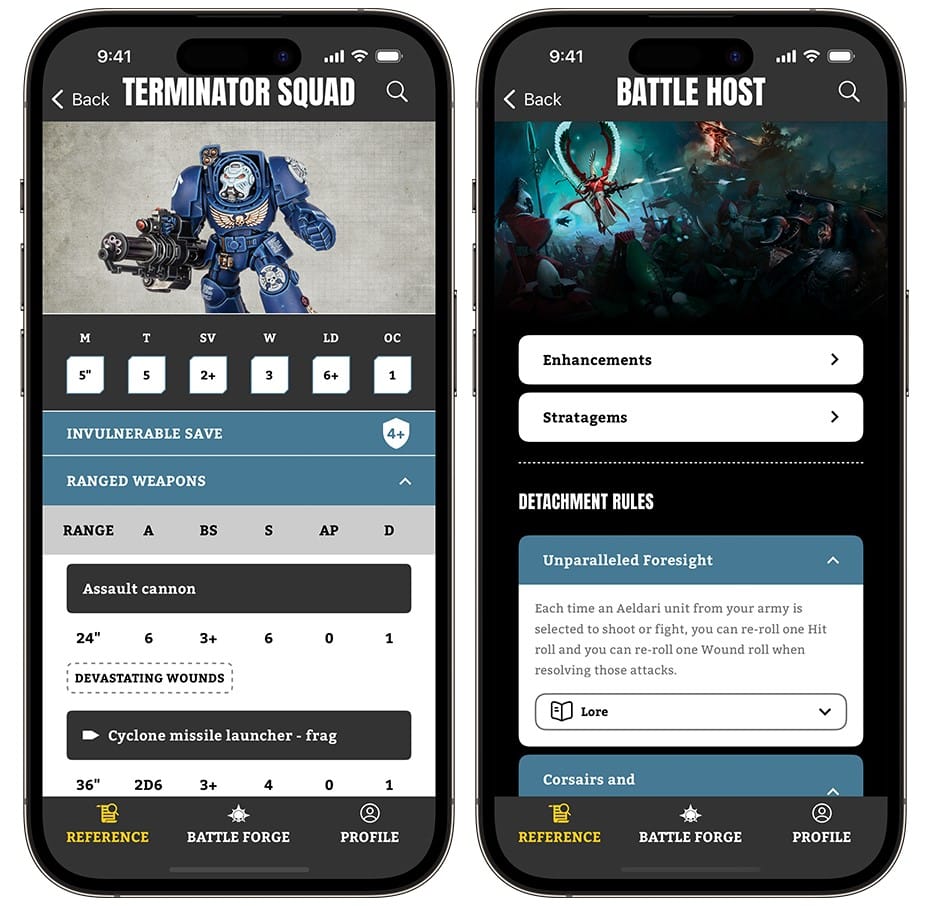 A screenshot of the Warhammer 40k 10th Edition app on a smart phone, showing off datasheets for Tyranids and Space Marines