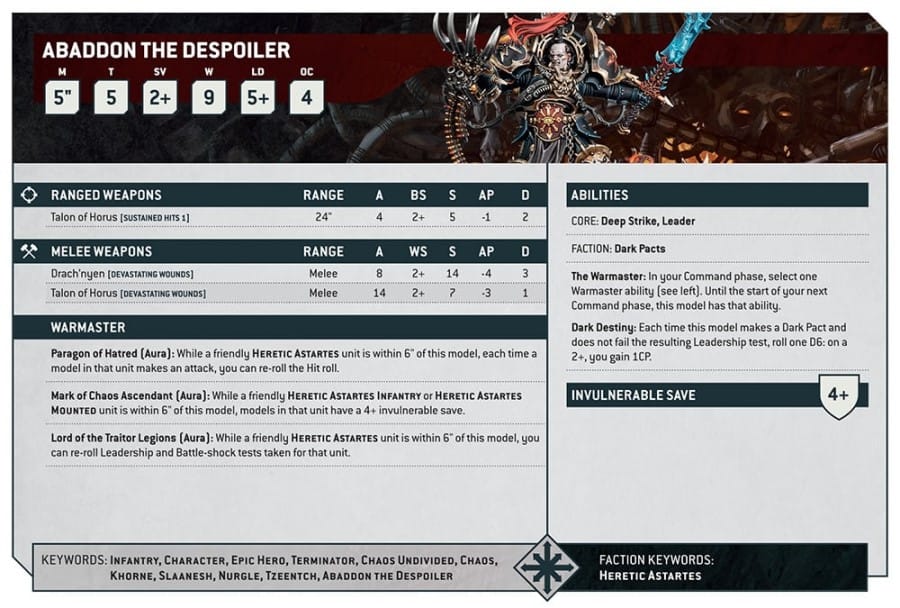 A statsheet of Abaddon The Despoiler from Warhammer 40k 10th Edition
