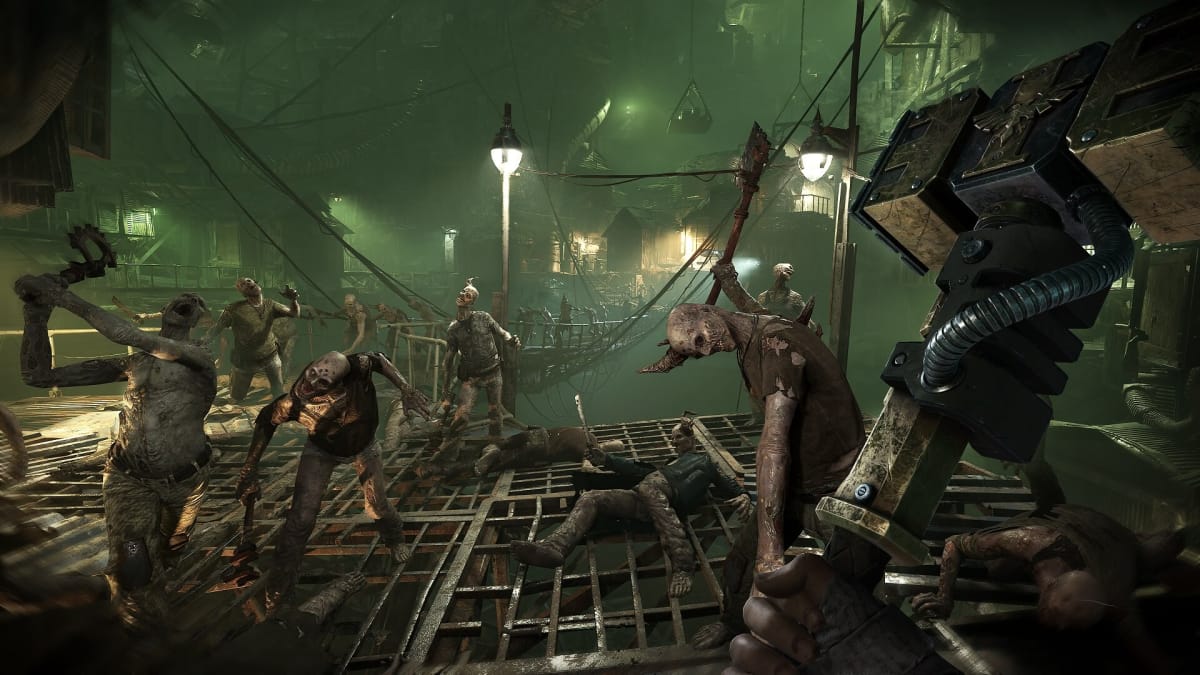 Warhammer 40k Darktide gameplay has the character facing a bunch of zombies with a hammer