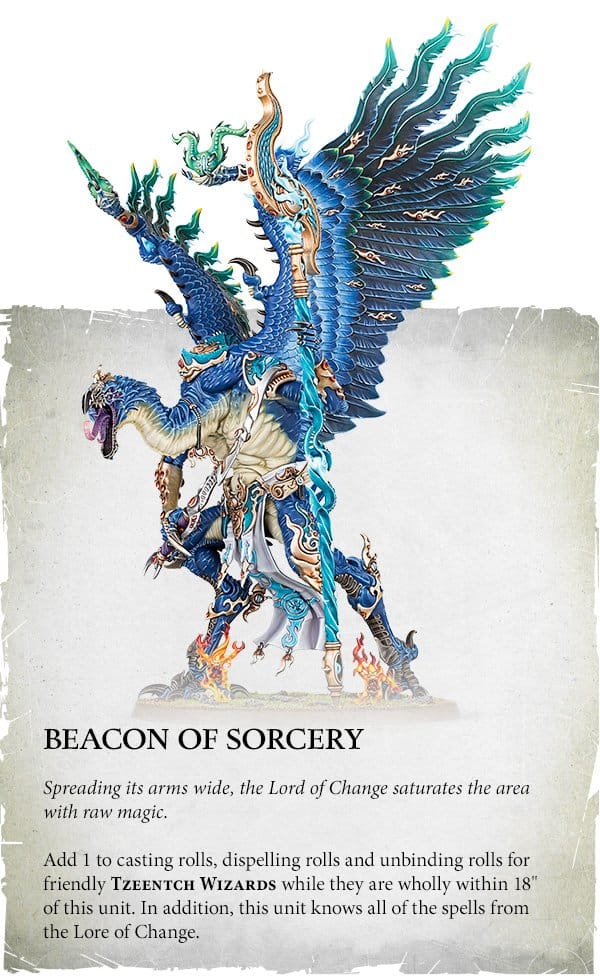 The Lord of Change, along with a description of one of its more potent abilities as seen in Warhammer Battletome: Disciples of Tzeentch