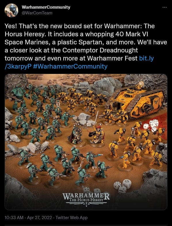 A screencap of a tweet showing artwork for the latest Horus Heresy boxed set
