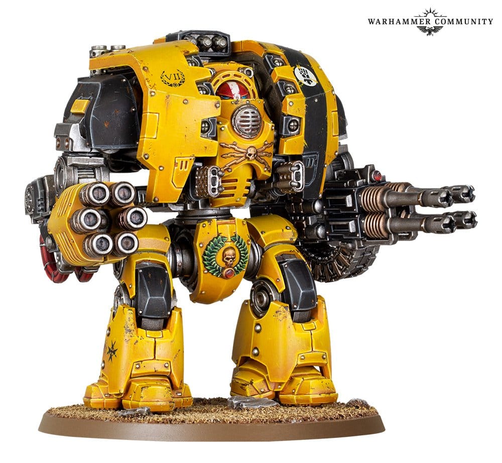 The Warhammer Horus Heresy Leviathan Siege Dreadnought, which looks like a large mech warrior, painted by Games Workshop in resplendent yellow.