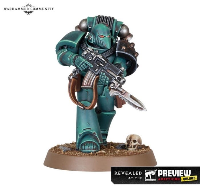 An image of a cyan space marine with a beak-shaped face mask
