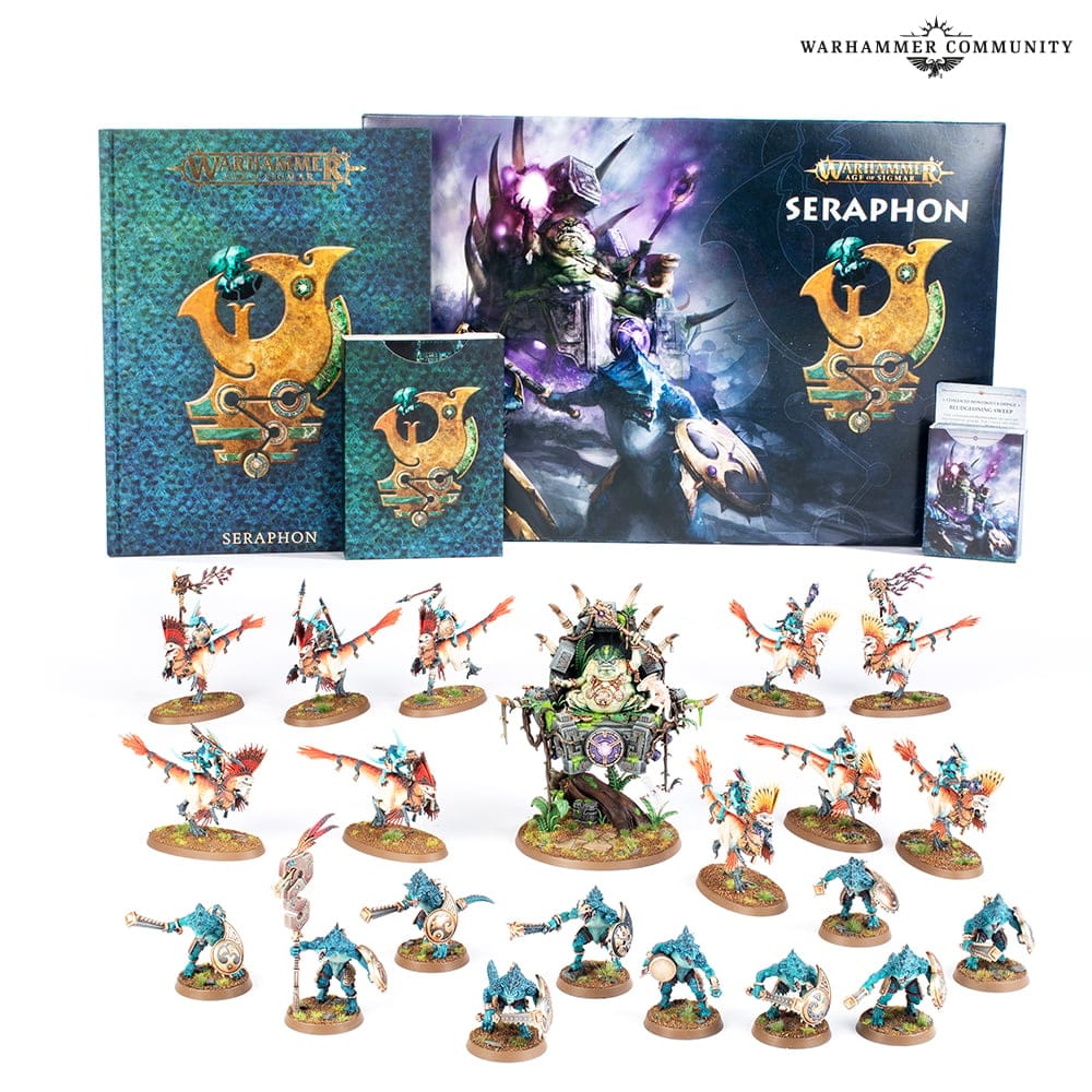 An image of the box contents for the Warhammer Seraphon Army Set, including miniatures, cards, and more.