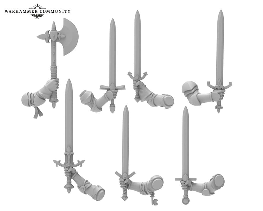 Artwork of plastic models for the Bretonnian weapons from Warhammer: The Old World