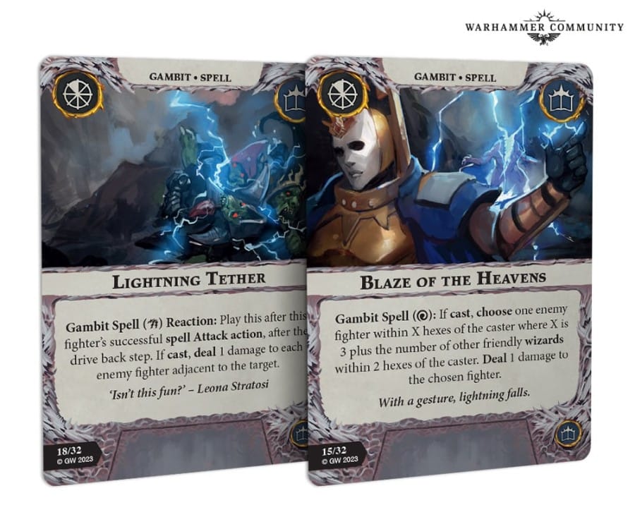 Artwork of several spell cards used by Domitan's Stormcoven in Warhammer Underworlds