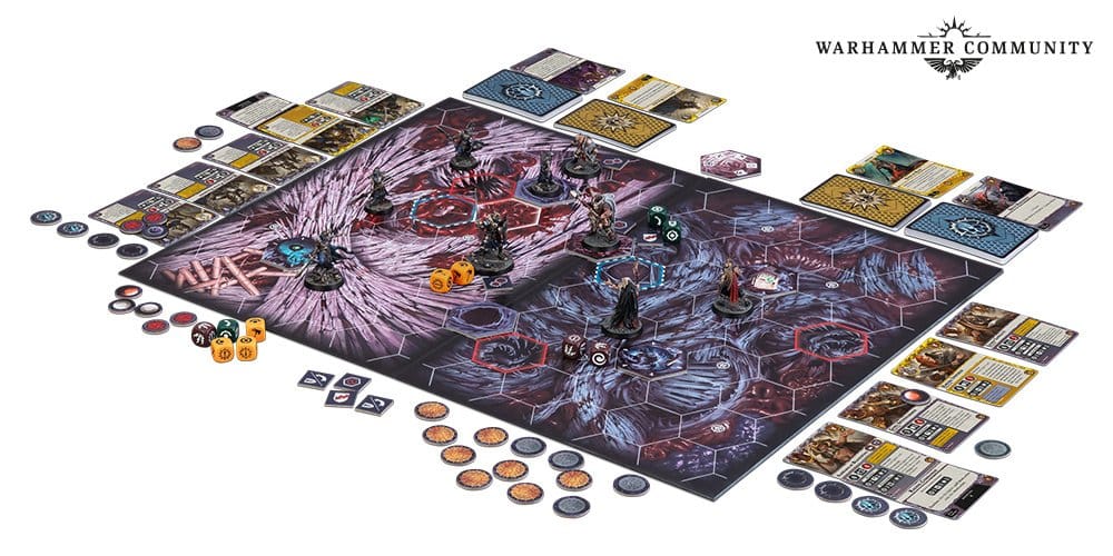Promotional image of the board set up from Warhammer Underworlds Gnarlwood