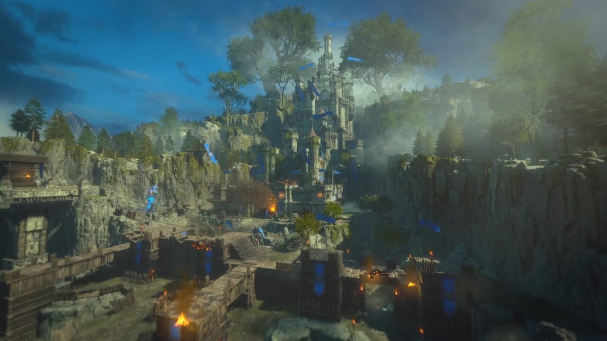 Warlander screenshot shows a blue castle that needs to be sieged.