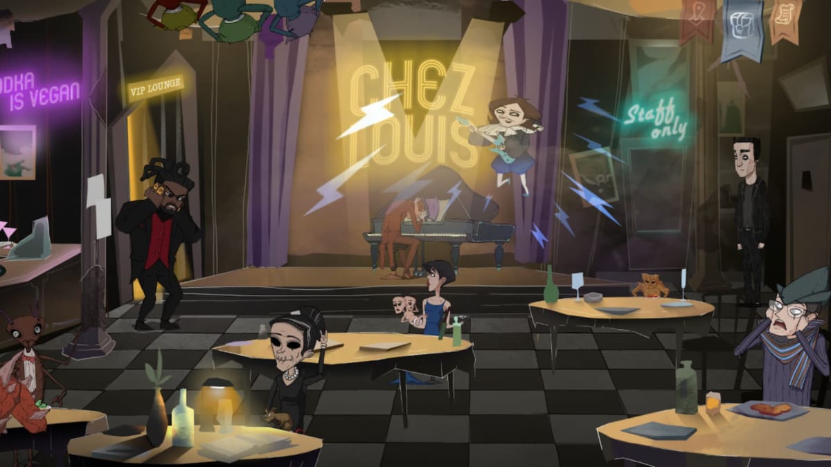 Whateverland release date, screenshot in game of characters in a bar looking setting