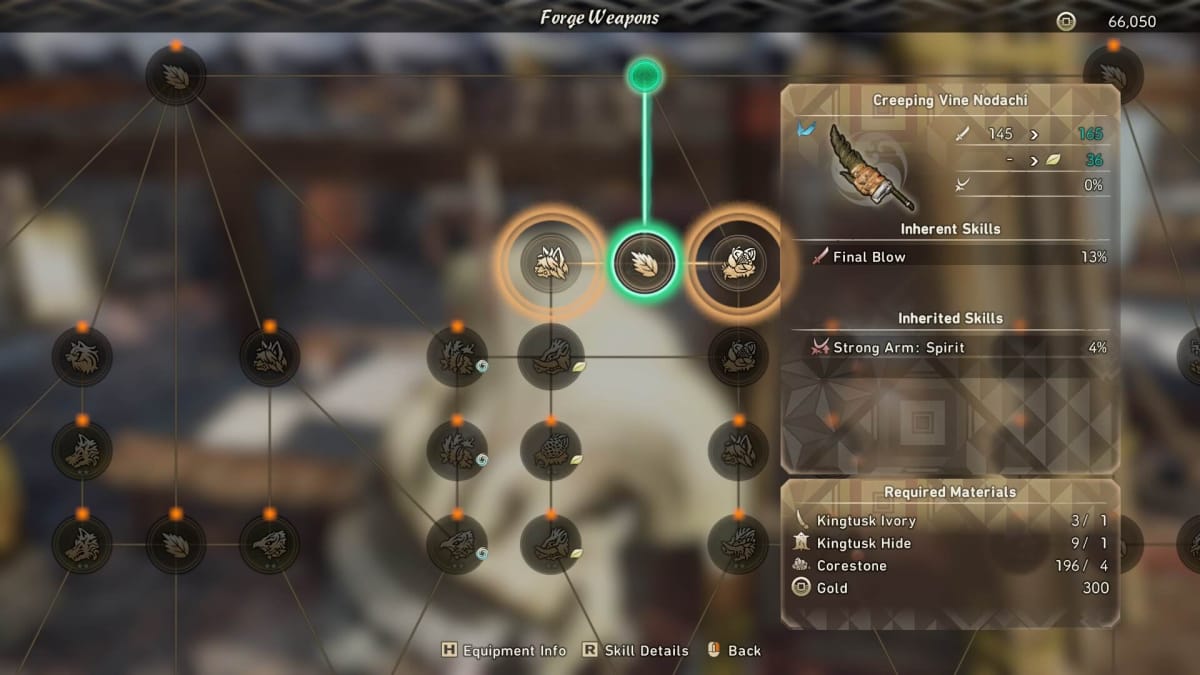 Wild Hearts forge screenshot showing the weapon upgrade tree