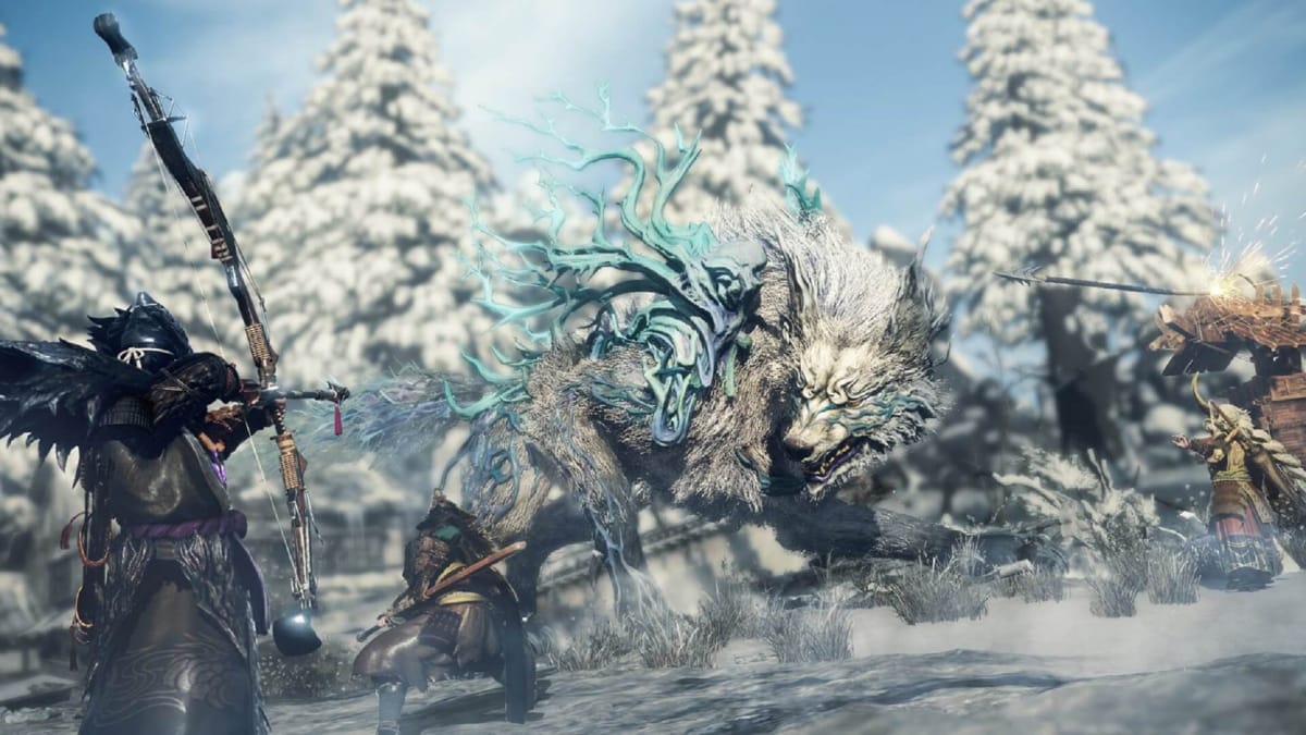 Wild Hearts release date wolf screenshot shows players fighting a massive wolf.