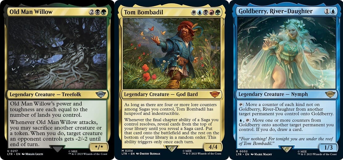 Lord of the Rings: Tales of Middle-earth cards of Old Man Willow, Tom Bombadil, and Goldberry, River-Daughter