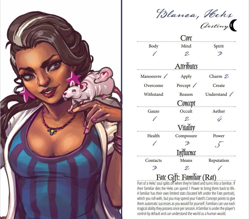 The character sheet of Blanca from Witch: Fated Souls 2E Quickplay material