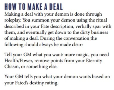 An entry on making a deal with a demon in Witch: Fated Souls 2E quickplay