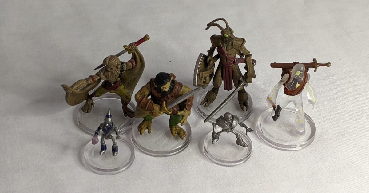 Miniatures for the Thri-Kreen, Auto-Gnome, Hadozee, and Plasmoid from Wizkids' Spelljammer Collector's Edition