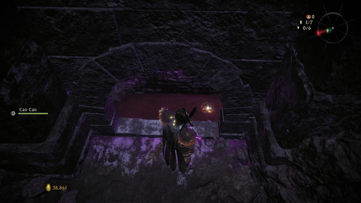 Character looking down into a purple pool containing a glowing item drop in Wo Long: Fallen Dynasty.