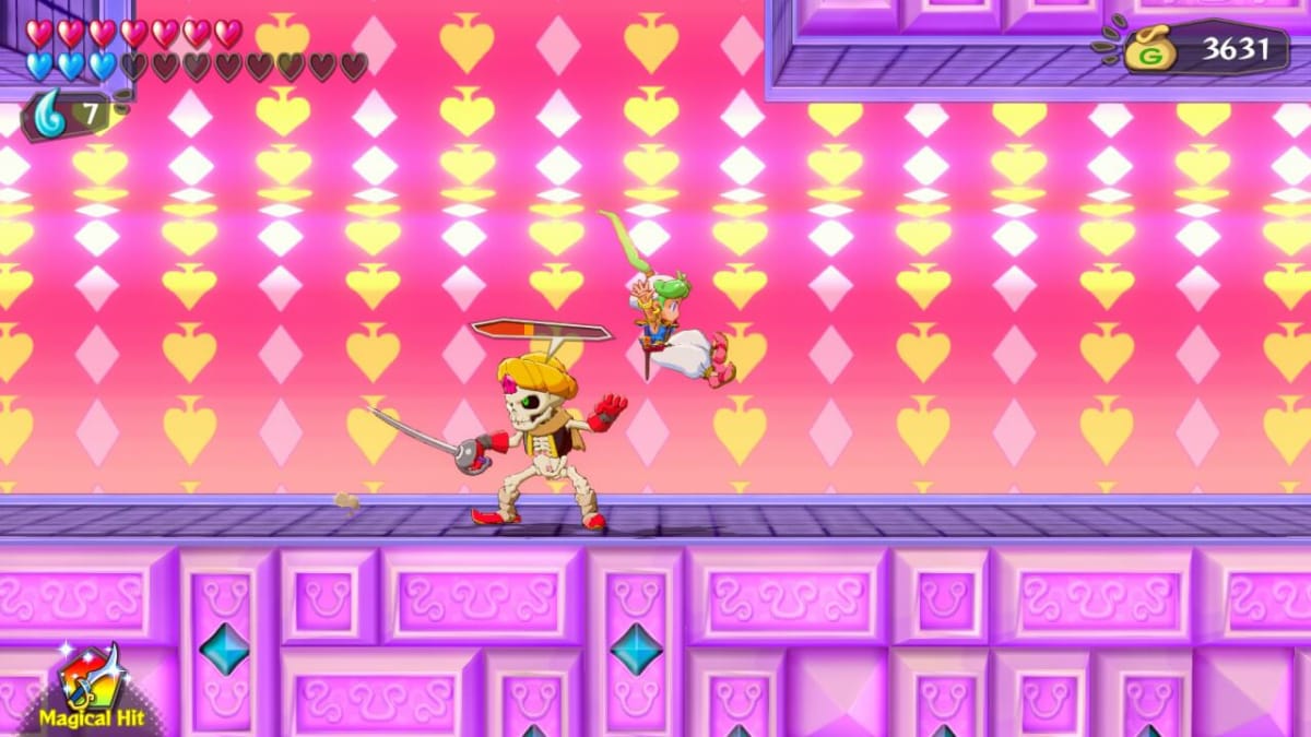 A screenshot of Wonder Boy Asha in Monster World showing Asha fighting a skeleton