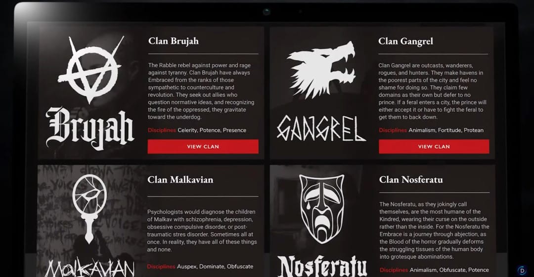 A screenshot of various vampire clans on a tablet