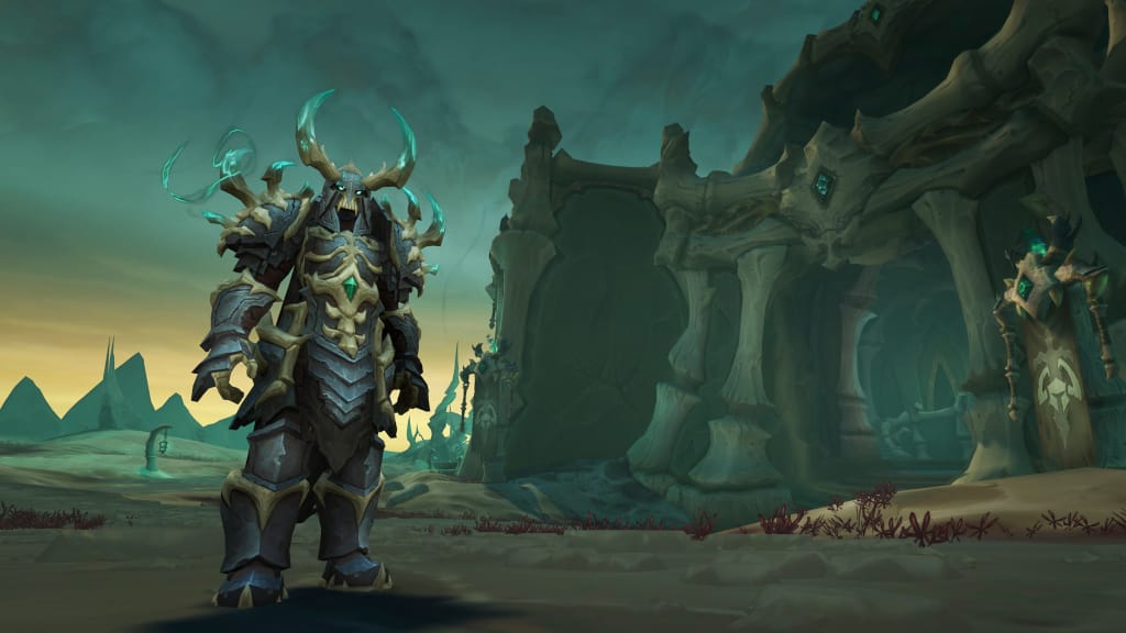 An imposing-looking armored character in World of Warcraft: Shadowlands