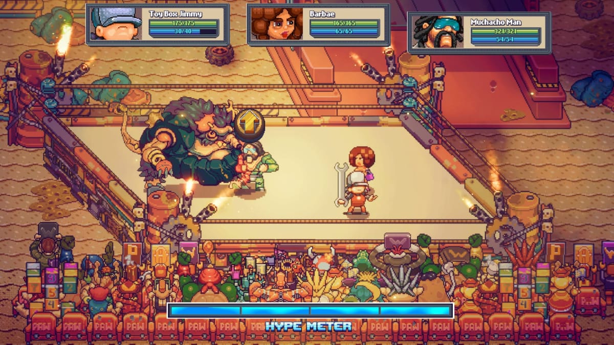 The combat menu in WrestleQuest, featuring the player's party fighting some enemies in the ring.