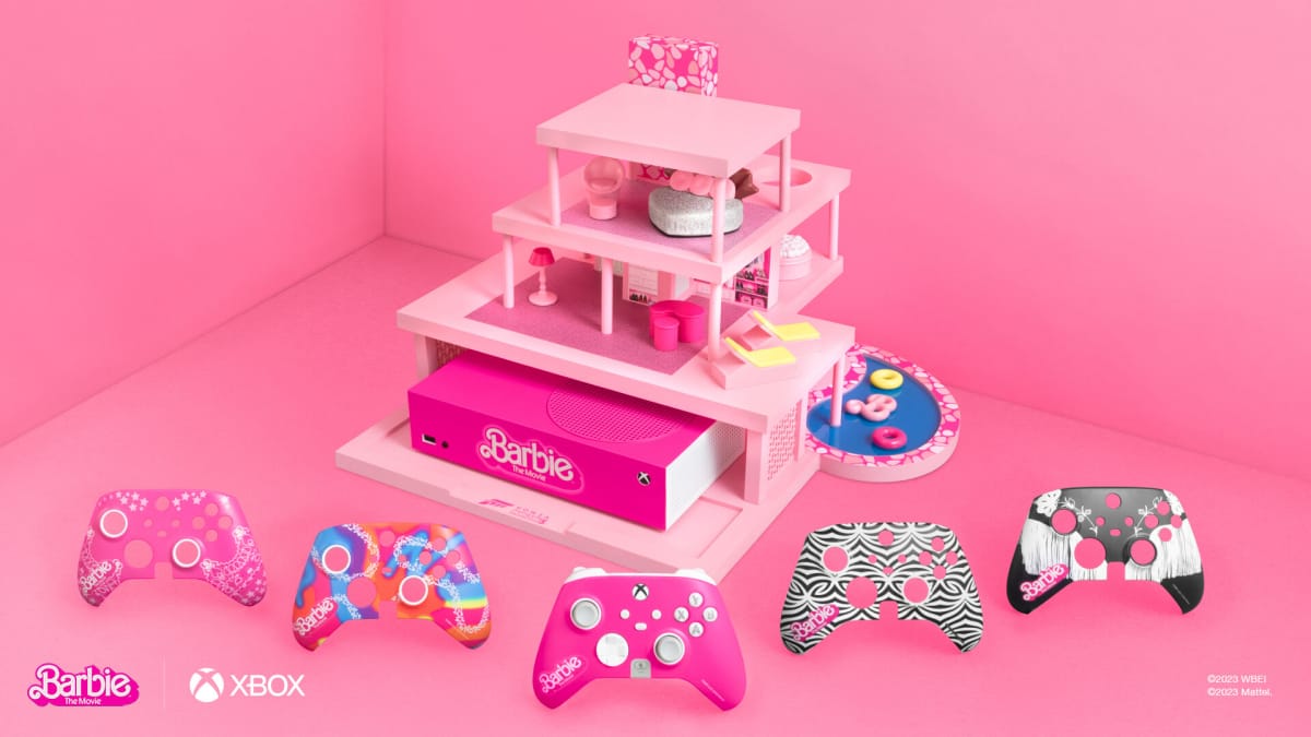 A pink Xbox Series S integrated into the Barbie DreamHouse, plus various Xbox controller faceplates as part of the Xbox Barbie collab