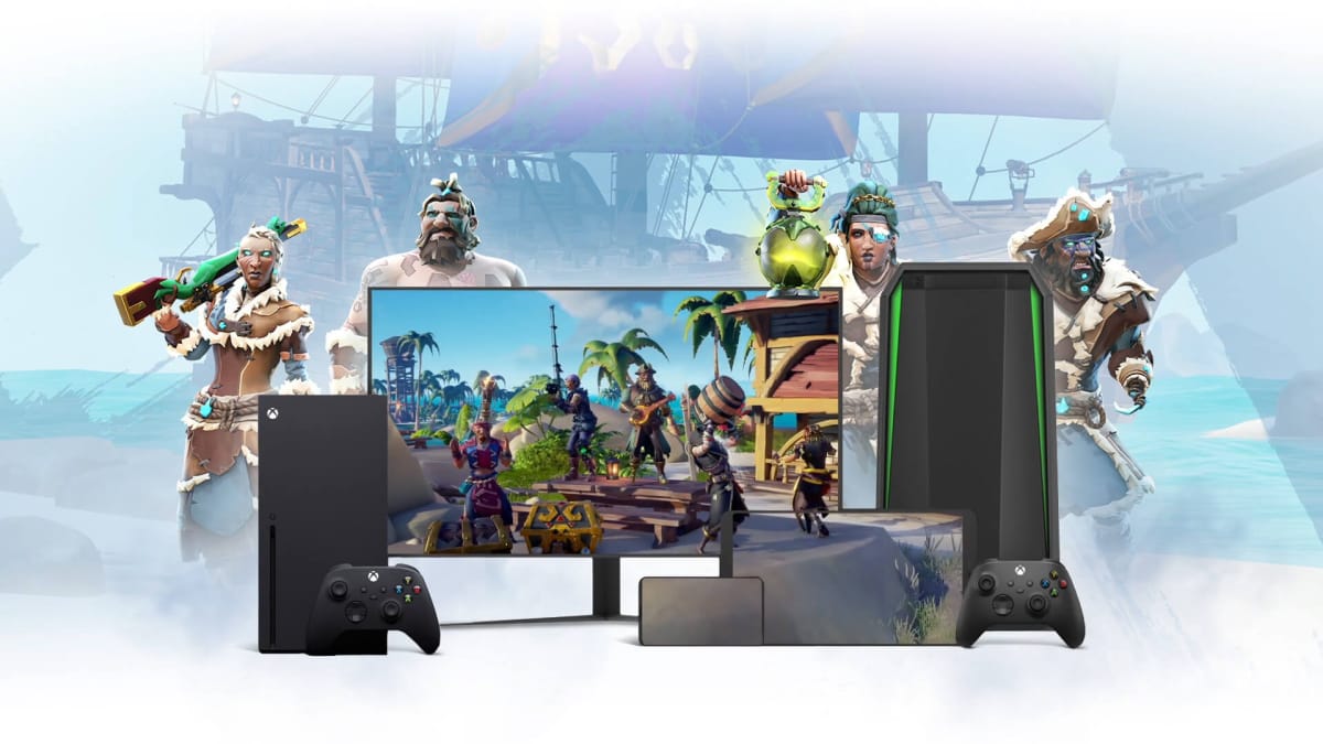 Characters from the Xbox game Sea of Thieves assembled behind several devices showing Xbox Cloud Gaming compatibility