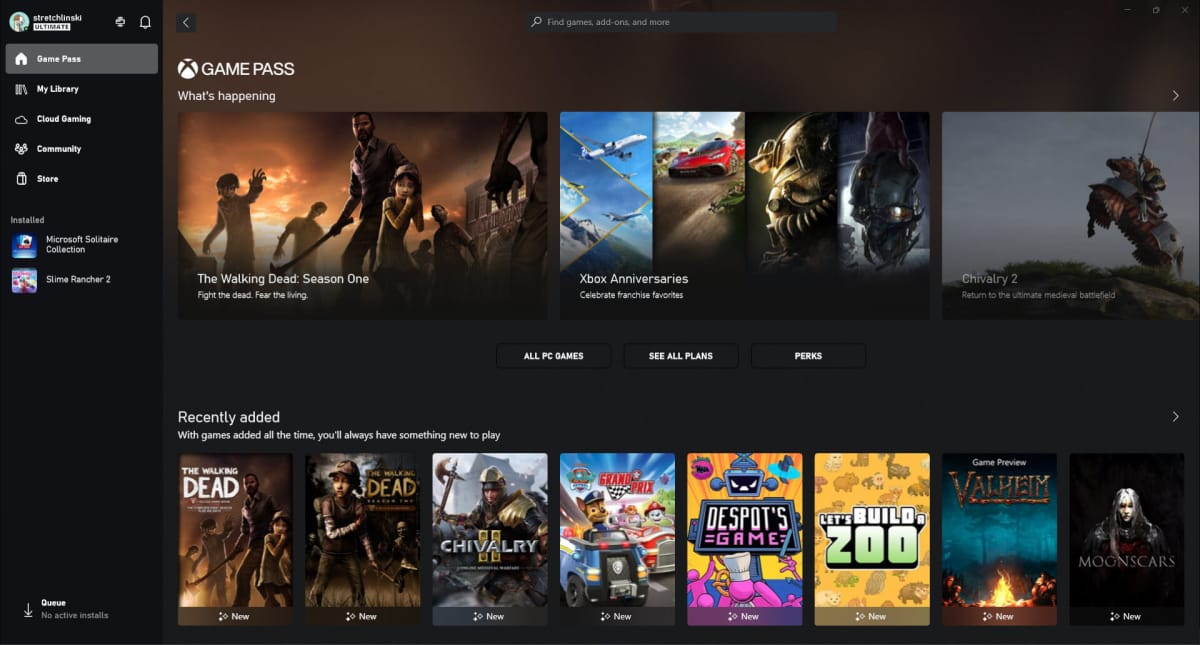 The Xbox Game Pass app showing various games being advertised along with ones that have recently been added