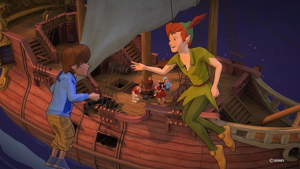 Peter Pan and a child interacting in Disneyland Adventures on Xbox Game Pass