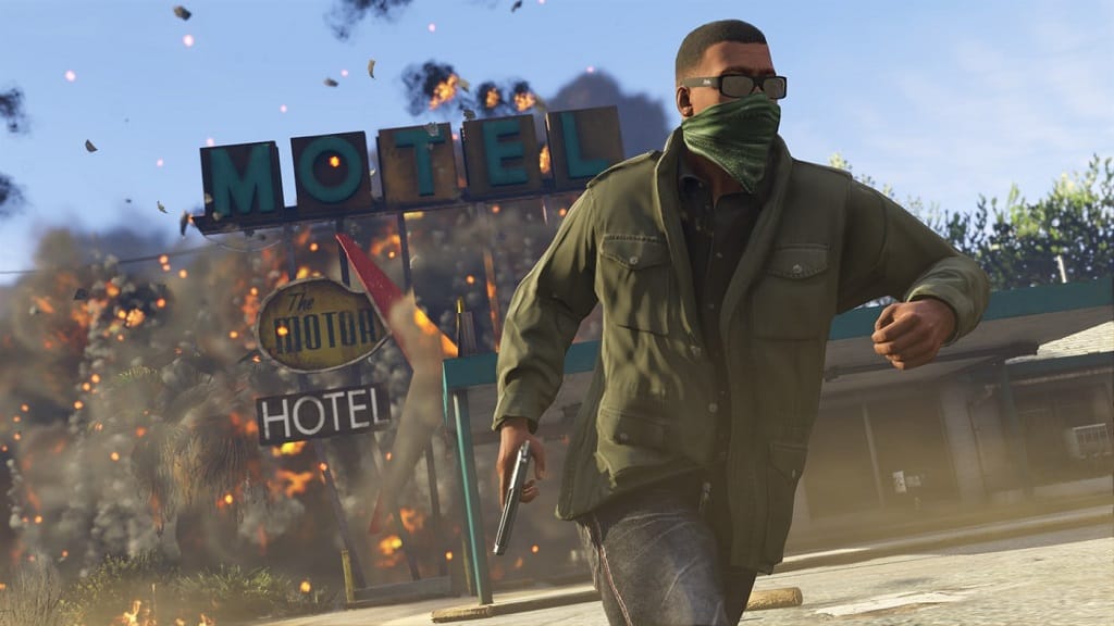 Franklin fleeing an exploding motel in GTA V on Xbox Game Pass