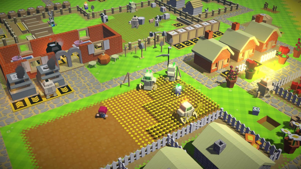 A voxel town full of cute robots in Autonauts