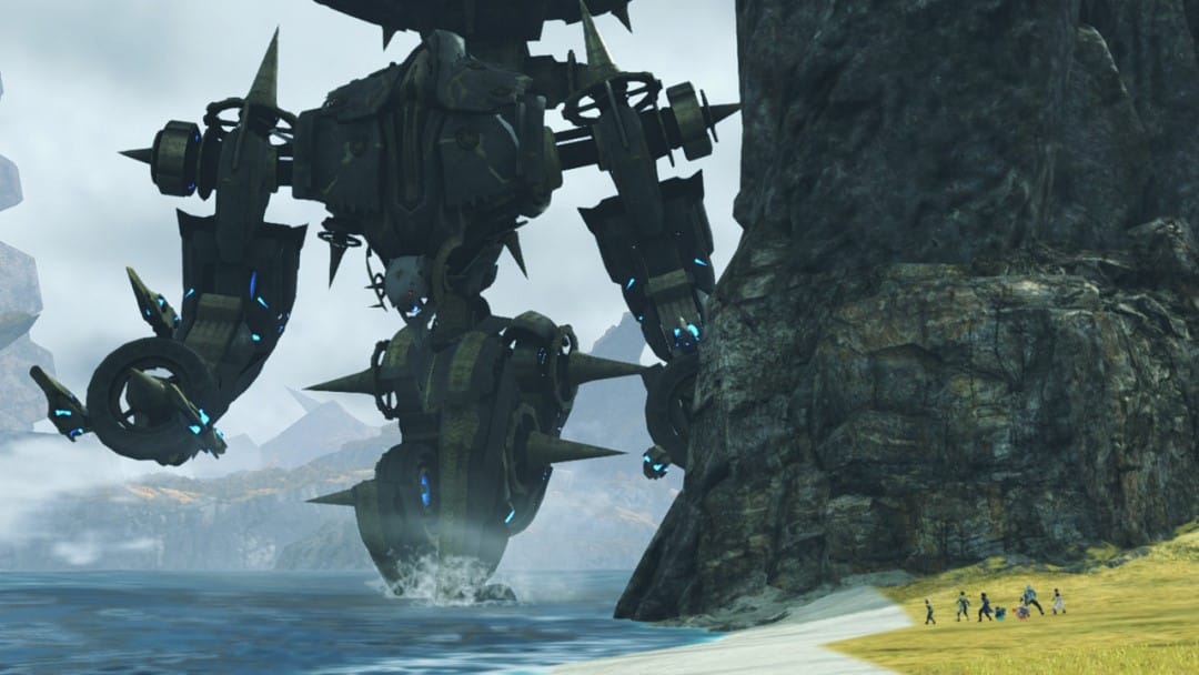 A giant robot stomping through an ocean, a group of characters on an island see it in awe