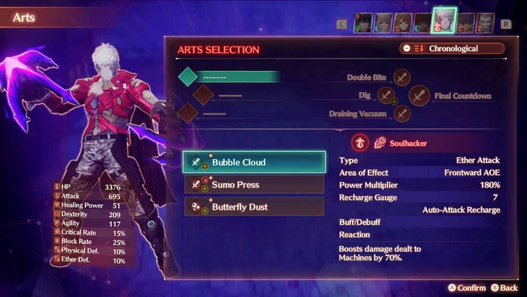 Lanz in a red body suit with purple glowing fists, a menu on his right side