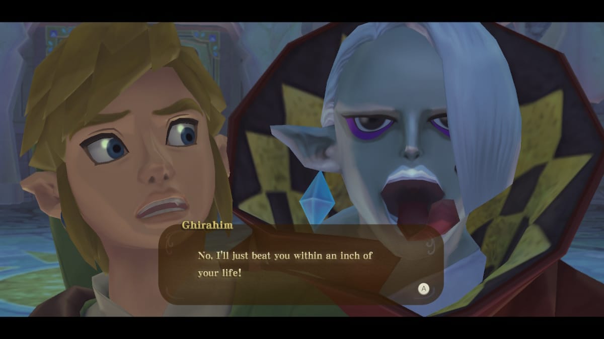 Ghirahim behind Link lashing out his tongue like a snake