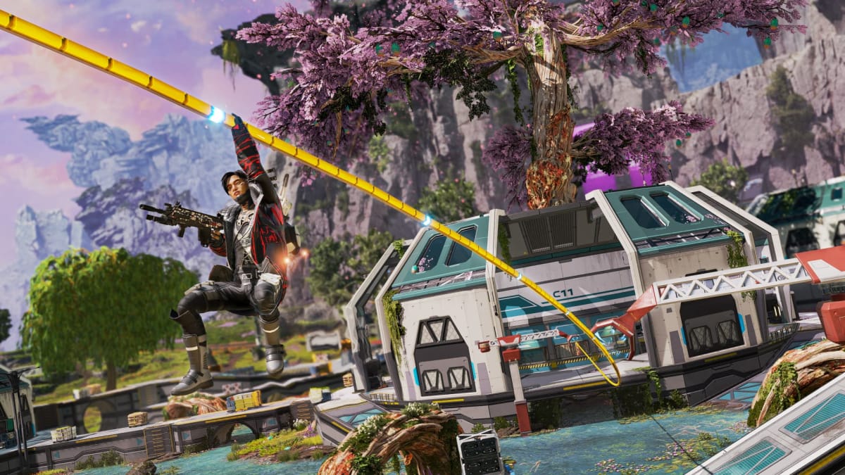 Screenshot of a player using the newest way to fast travel on the Apex Legends Broken Moon map, Zip Rails. 