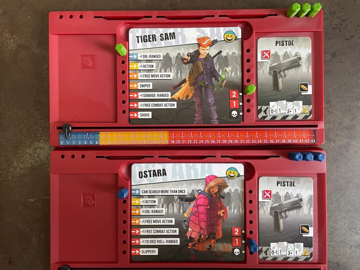 Each character receives a player tray to track their equipment and progress