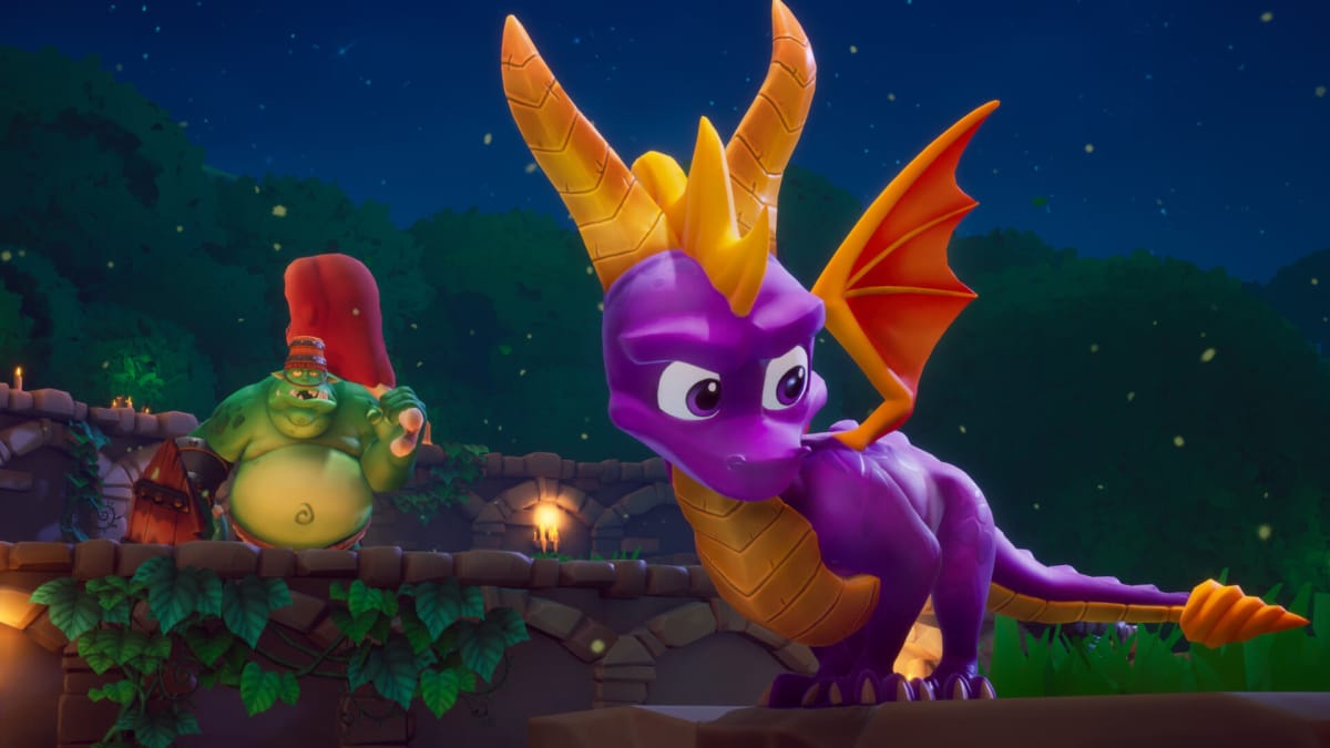 Spyro the Dragon looking off-camera while an enemy stares stupidly at him in Activision Blizzard's Spyro Reignited Trilogy