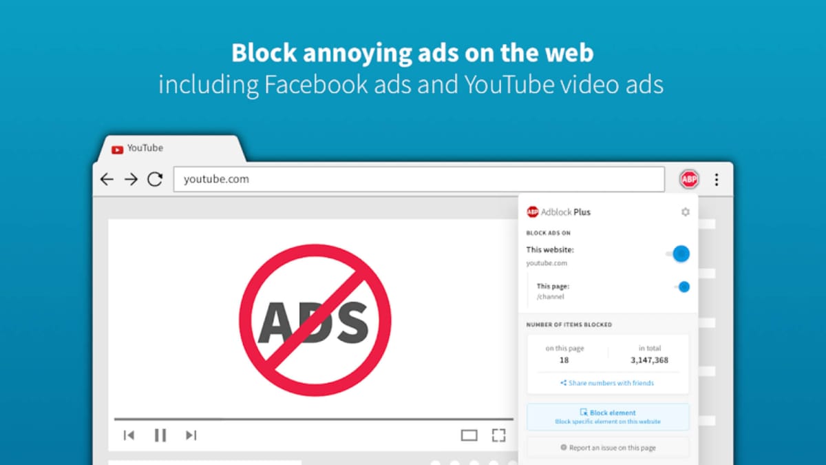 An image showing a mockup of Eyeo's Adblock Plus running on a browser