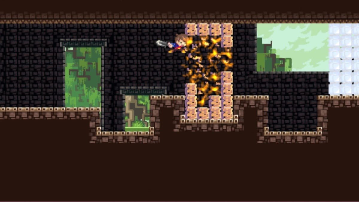 Adventures of Pip Screenshot Showing a 16-bit temple with a boy in red slashing a sword through several blocks