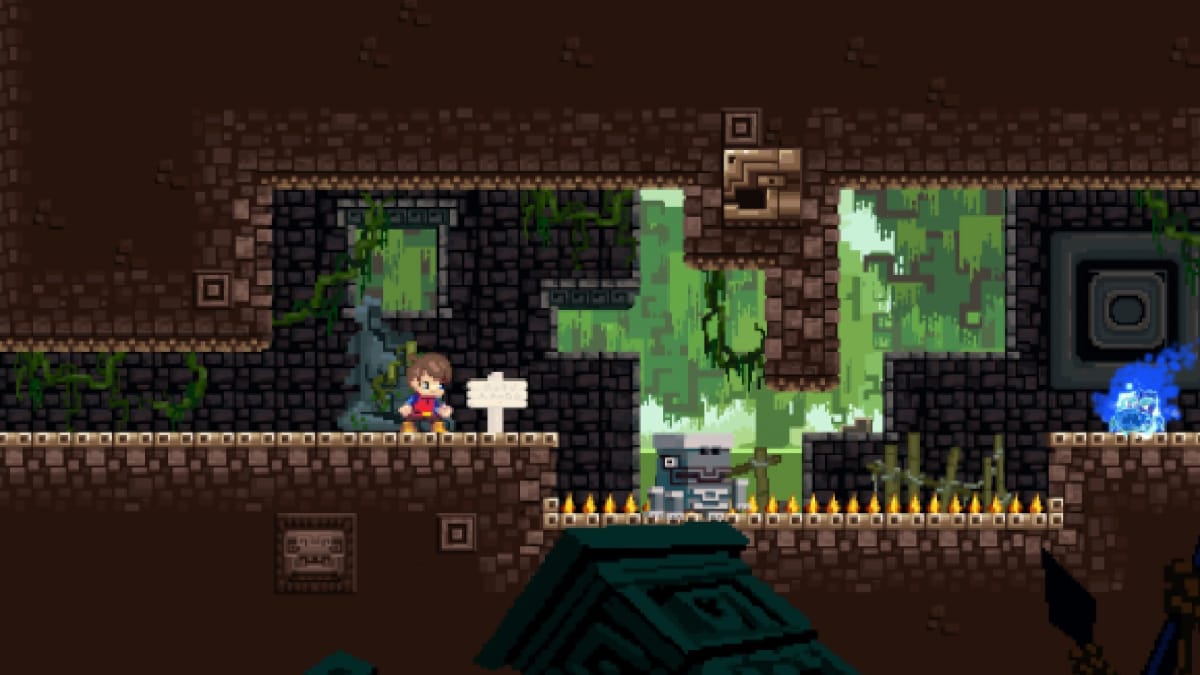 Adventures of Pip Screenshot showing a 16-bit temple with spke traps and flaming spirits. 