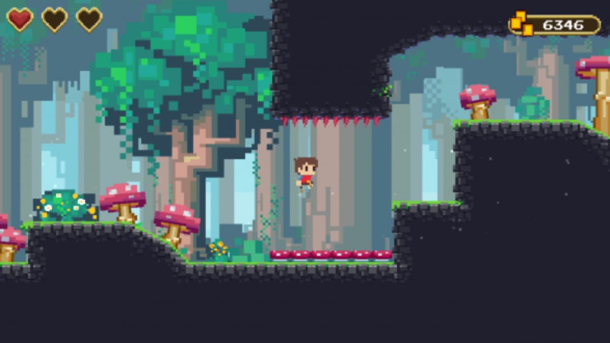 Adventures of Pip screenshot showing an 8-bit forest filled with Mushrooms.