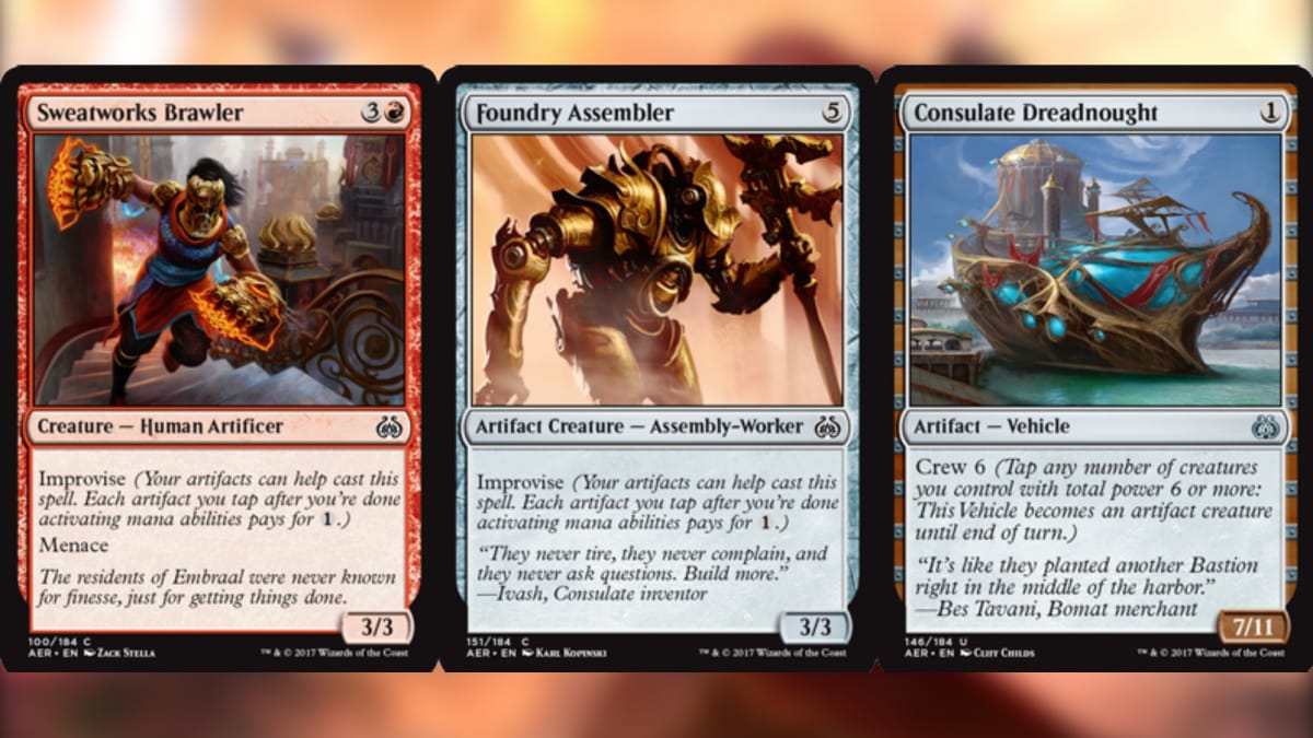 Aether Revolt magic the gathering card showing three card, a red one and two colorless ones