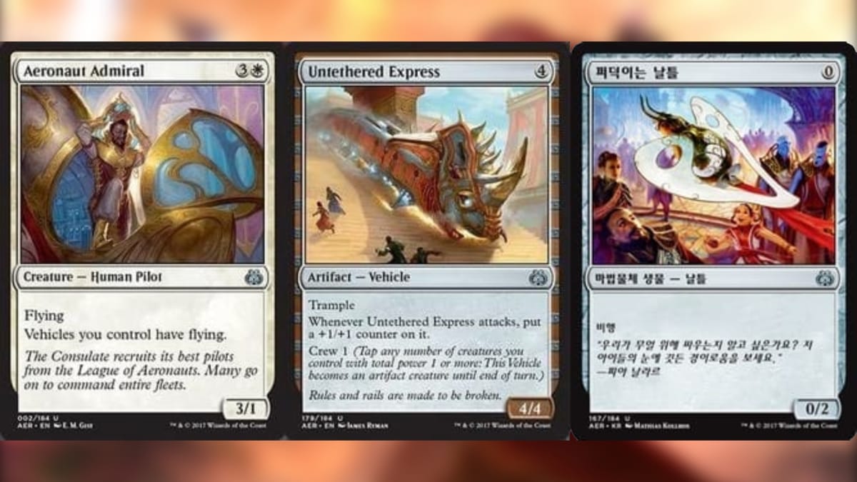 Aether Revolt magic the gathering cards 3 in a row, one white card called aeronaut admiral, a colorless artefact called untethered express and another colorless card written in Korean