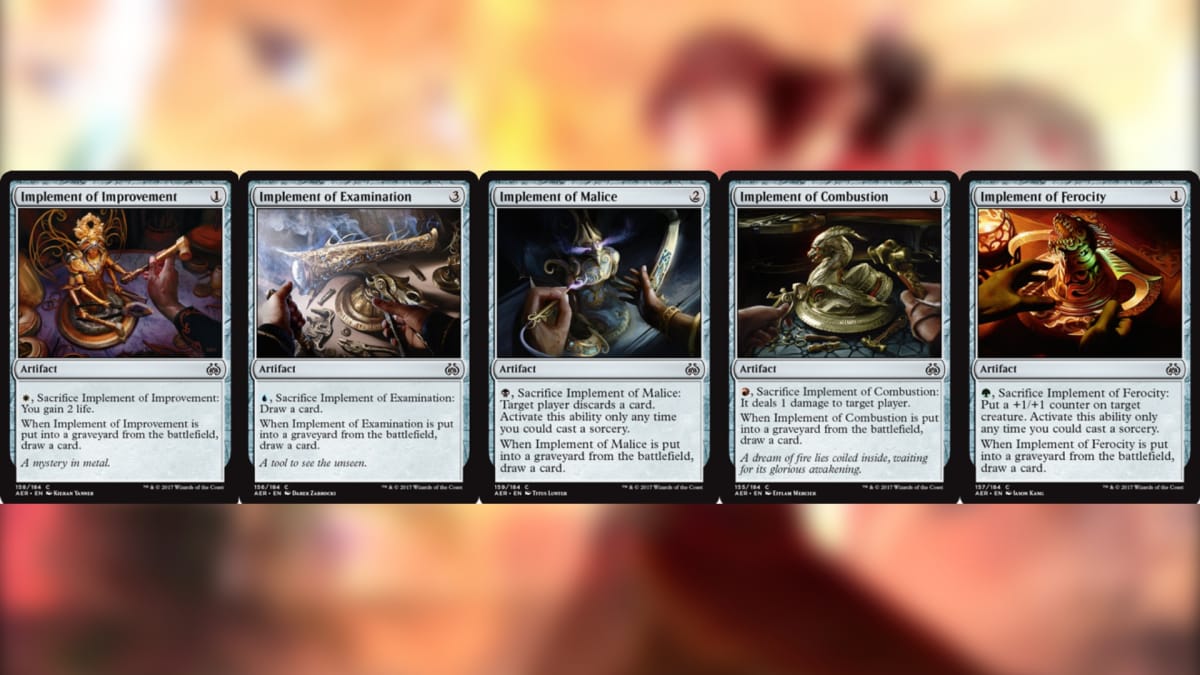Aether Revolt Magic the Gathering cards 5 in a row all of them colorless artifact cards with various effects