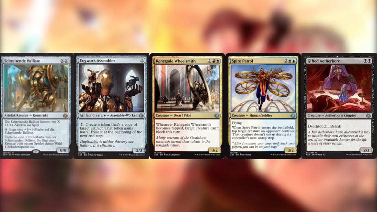 Aether Revolt magic the gathering cards five in a row with various color and effects including a card in german