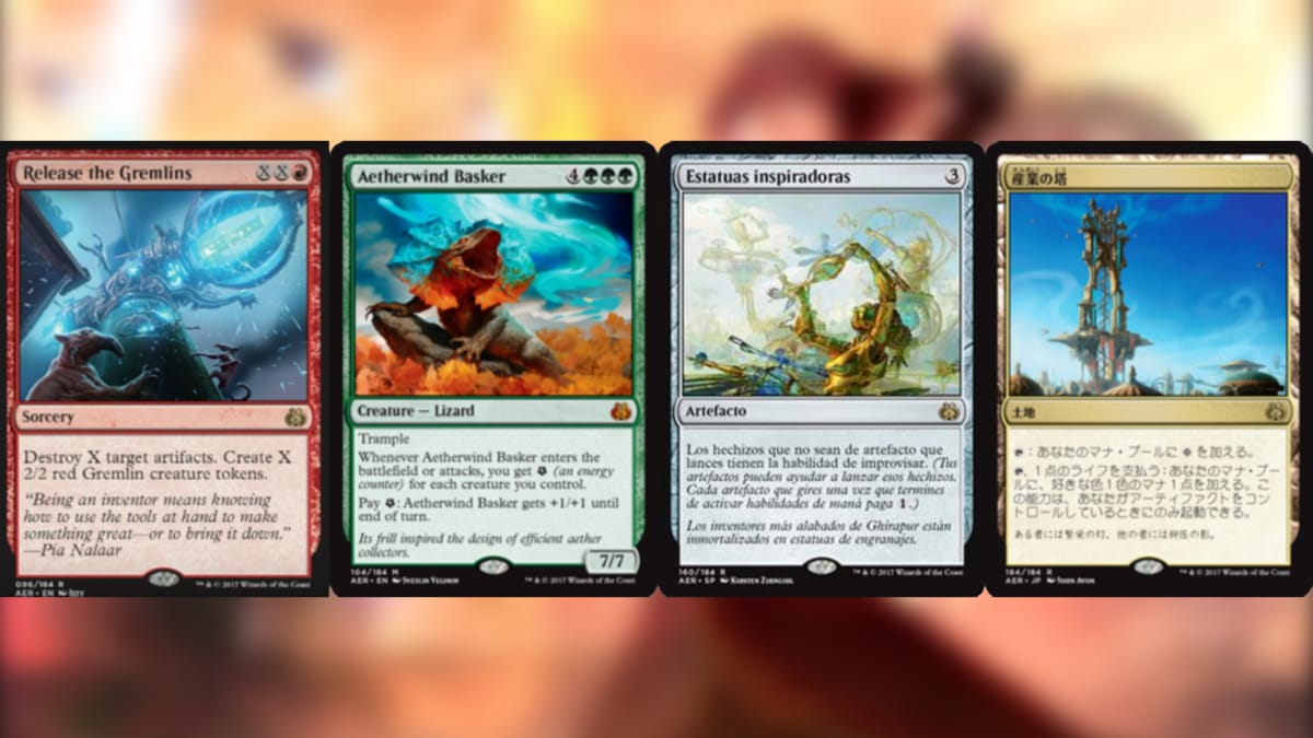 Aether Revolt magic the gathering cards four in a row of various colors with a blurred background 