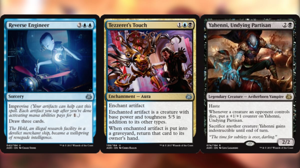 Aether Revolt magic the gathering cards with 3 in a row on a blurred backrgound
