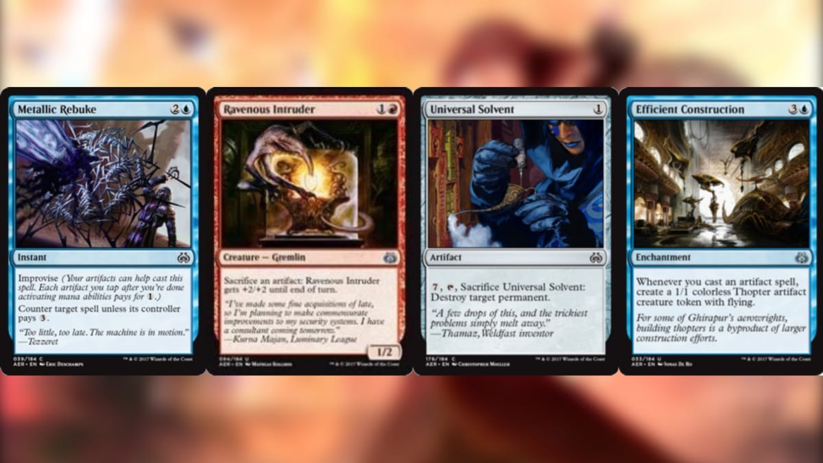 Aether Revolt magic the gathering cards with 4 in a row two blue cards one red one and a colorless one
