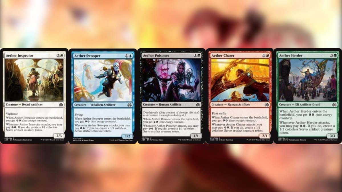 Aether Revolt magic the gathering cards with 5 in a row one of each color forming a set of cards with similar names
