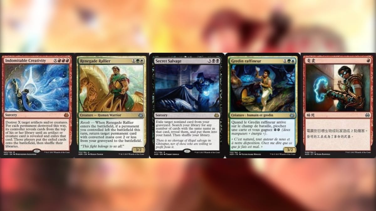 Aether Revolt magic the gathering cards with 5 set out in a row of various colors and effects and with a pale orange blurred backdrop